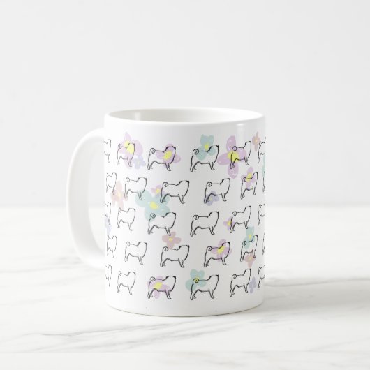 Niedliche Blumen-Mops-Hundemuster-Tasse Kaffeetasse (Vorderseite Links)
