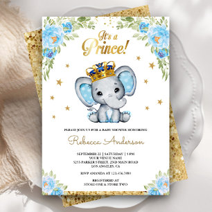 Niedliche Blumen-Prinz-Elefanten-Baby-Party Einladung