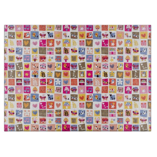niedliche Blumen, Vögel, Herzen quadriert Muster Schneidebrett (Vorderseite)