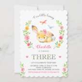 Niedliche Blumenbunny Girls 3. Geburtstagsparty Einladung (Vorderseite)