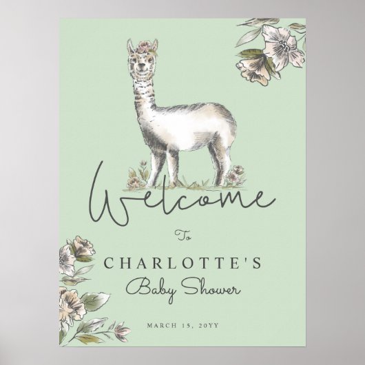 Niedliche Blumendusche Lama Alpaca Begrüßung Poster (Vorne)