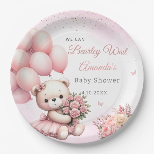 Niedliche Blumendusche Pink Teddy Bear Girl Babydu Pappteller (Vorderseite)