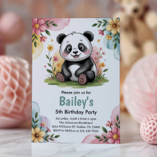 Niedliche Blumenkids Panda 5. Geburtstagsparty Einladung