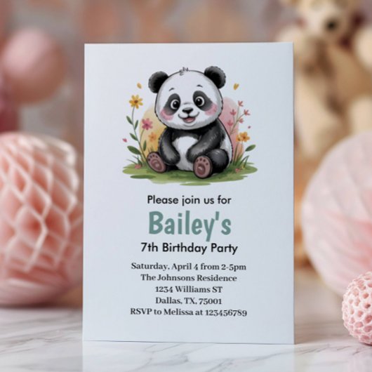 Niedliche Blumenkids Panda Geburtstagsparty Einladung