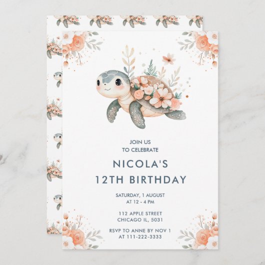 Niedliche Blumenschildkröte Geburtstagsparty Einladung (Vorne/Hinten)