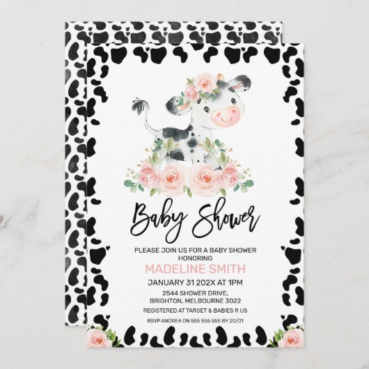 Niedliche Blush Floral Cow Babydusche Einladung (Vorne/Hinten)