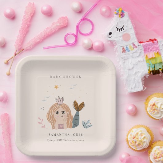 Niedliche Blush Sea Meerjungfrau Girl Babydusche Pappteller (Party)