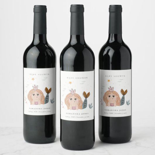 Niedliche Blush Sea Meerjungfrau Girl Babydusche Weinetikett (Flaschen)