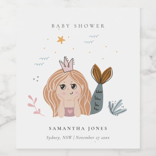 Niedliche Blush Sea Meerjungfrau Girl Babydusche Weinetikett (Einzelnes Label)