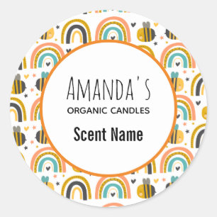 Niedliche Blütenbiene und Regenbogen-Musterkerze Runder Aufkleber