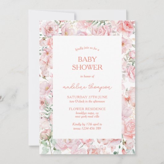 Niedliche Blütendusche in Rosa Baby Dusche Einladung (Vorderseite)