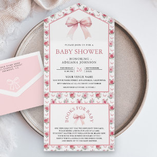 Niedliche Blütenfarbe Rosa Coquette Bow Babydusche All In One Einladung