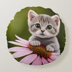 Niedliche Blütenkatze Rundes Kissen