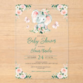 Niedliche Blütenlephant-Babydusche Acryleinladungen (Vorderseite)