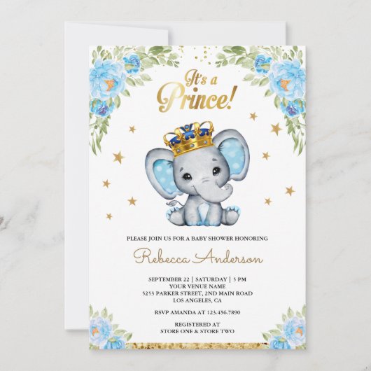 Niedliche Blütenprinz Elephant Babydusche Einladung (Vorderseite)