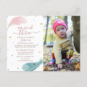 Niedliche Boho Baby Girl Foto Card 3. Geburtstags- Einladungspostkarte