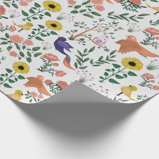 Niedliche Boho farbenfrohe Vögel und Blumenmuster Geschenkpapier (Ecke)