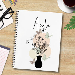 Niedliche Boho Line Art Blume und Schmetterlinge W Notizblock