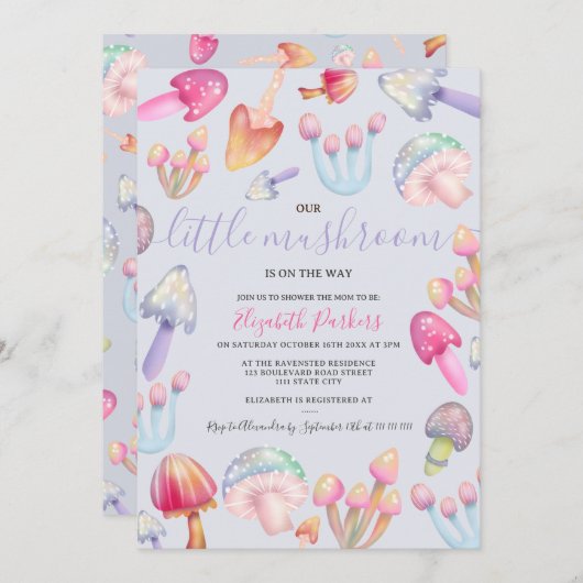 Niedliche boho pastellfarbene Pilze Aquarell Babyd Einladung (Vorne/Hinten)