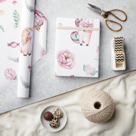 Niedliche boho pink unicorn geblümte Babydusche Geschenkpapier (Kunsthandwerk)