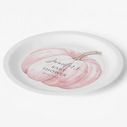 Niedliche boho rosa Kürbisbrunnendusche Pappteller (Schrägansicht)