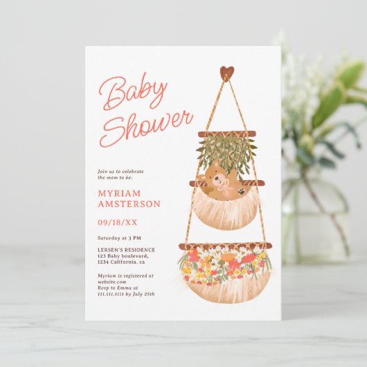 Niedliche Boho-Teddybär geschlechtsneutrale Babydu Einladung (Stehend Vorderseite)