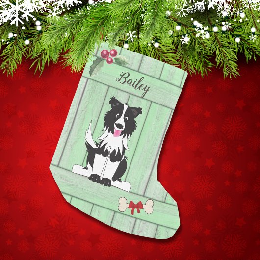 Niedliche Border Collie Green Holzzaun Monogramm Kleiner Weihnachtsstrumpf
