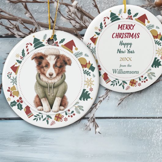 Niedliche Border Collie Welpe im Winter Sweater Keramik Ornament