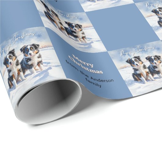 Niedliche Border Collie Welpen im Schnee Welpen We Geschenkpapier (Rolleneckpunkt)