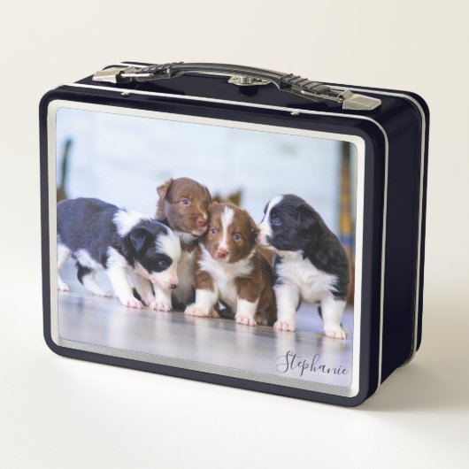 Niedliche Border Collie Welpen Metall Brotdose (Rückseite)