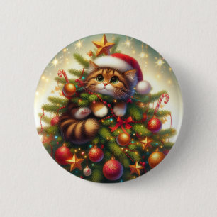 Niedliche, bösartige Katze im Weihnachtsbaum Button