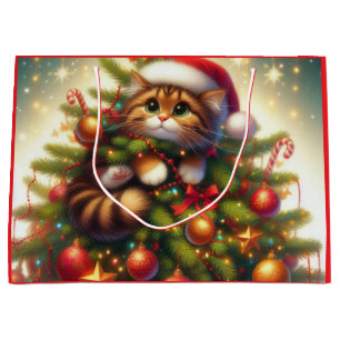 Niedliche, bösartige Katze im Weihnachtsbaum Große Geschenktüte