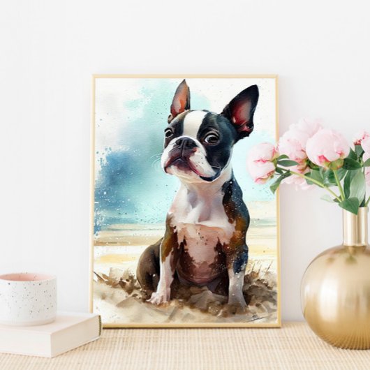 Niedliche Boston Terrier auf der Strandpromenade K Poster