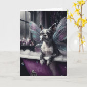 Niedliche Boston Terrier Fairy in einer Lila Badew Karte (Gelbe Blume)