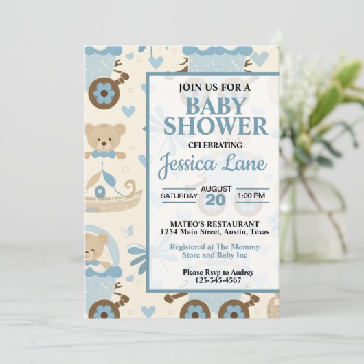 Niedliche Boy Teddy Bear Babydusche Einladung (Stehend Vorderseite)