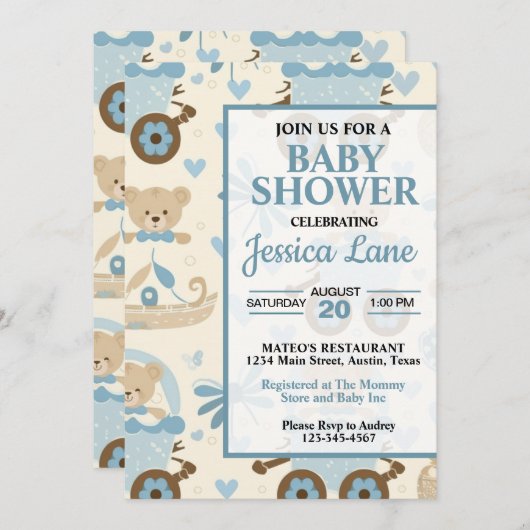 Niedliche Boy Teddy Bear Babydusche Einladung (Vorne/Hinten)