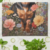 Niedliche braune Dackel und Kosmos-Blume Geschirrtuch (Gefaltet)