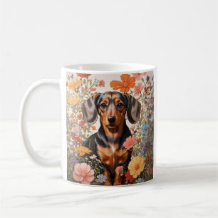 Niedliche braune Dackel und Kosmos-Blume Kaffeetasse