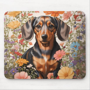 Niedliche braune Dackel und Kosmos-Blume Mousepad