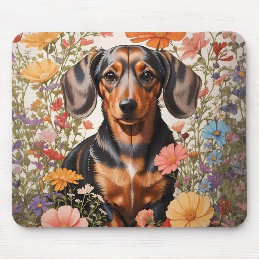 Niedliche braune Dackel und Kosmos-Blume Mousepad (Vorne)