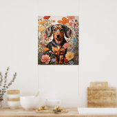 Niedliche braune Dackel und Kosmos-Blume Poster (Küche)