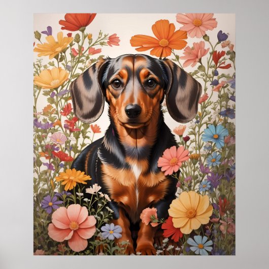 Niedliche braune Dackel und Kosmos-Blume Poster (Vorne)