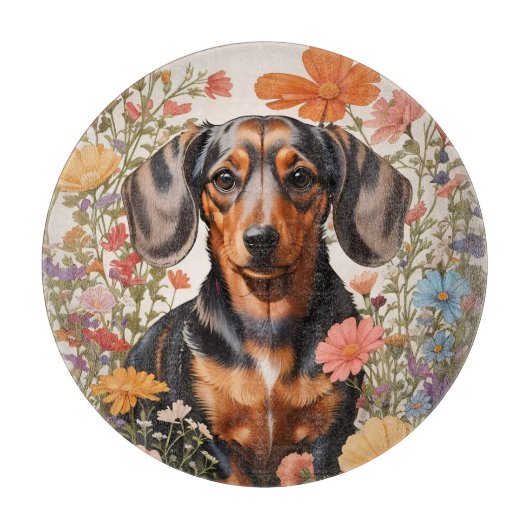 Niedliche braune Dackel und Kosmos-Blume Schneidebrett (Vorderseite)