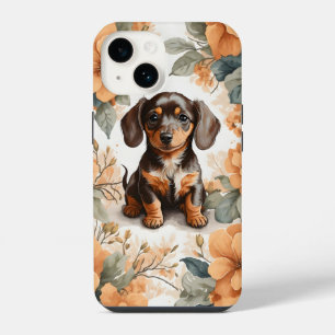 Niedliche braune Dackel Welpe Peach Floral iPhone 14 Hülle