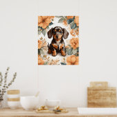 Niedliche braune Dackel Welpe Peach Floral Poster (Küche)