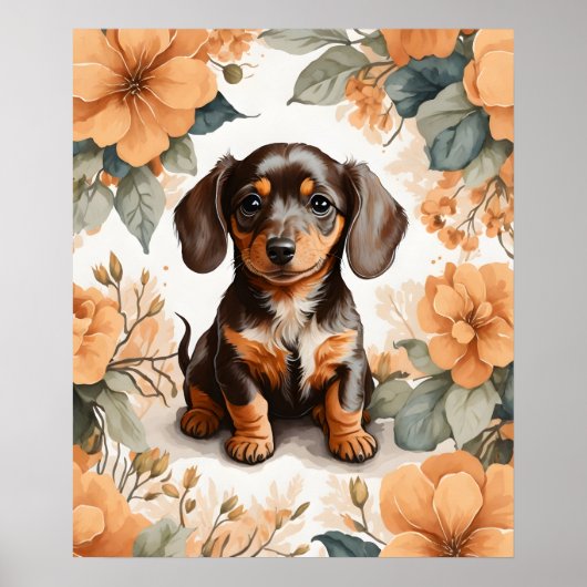 Niedliche braune Dackel Welpe Peach Floral Poster (Vorne)