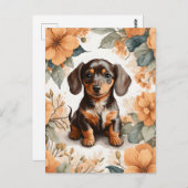 Niedliche braune Dackel Welpe Peach Floral Postkarte (Vorne/Hinten)