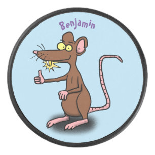 Niedliche braune Ratte hält Cartoon hoch Eishockey Puck