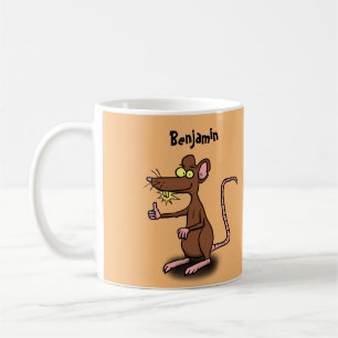 Niedliche braune Ratte hält Cartoon hoch Kaffeetasse