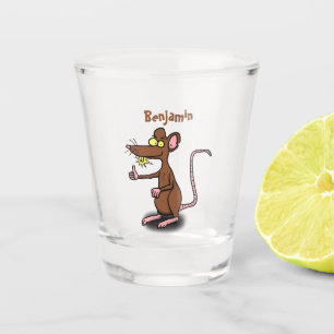 Niedliche braune Ratte hält Cartoon hoch Schnapsglas